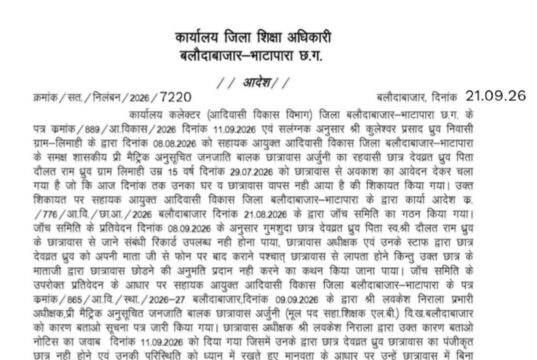 लापरवाही पर जिला प्रशासन की बड़ी कार्रवाई,छात्रावास अधीक्षक निलंबित